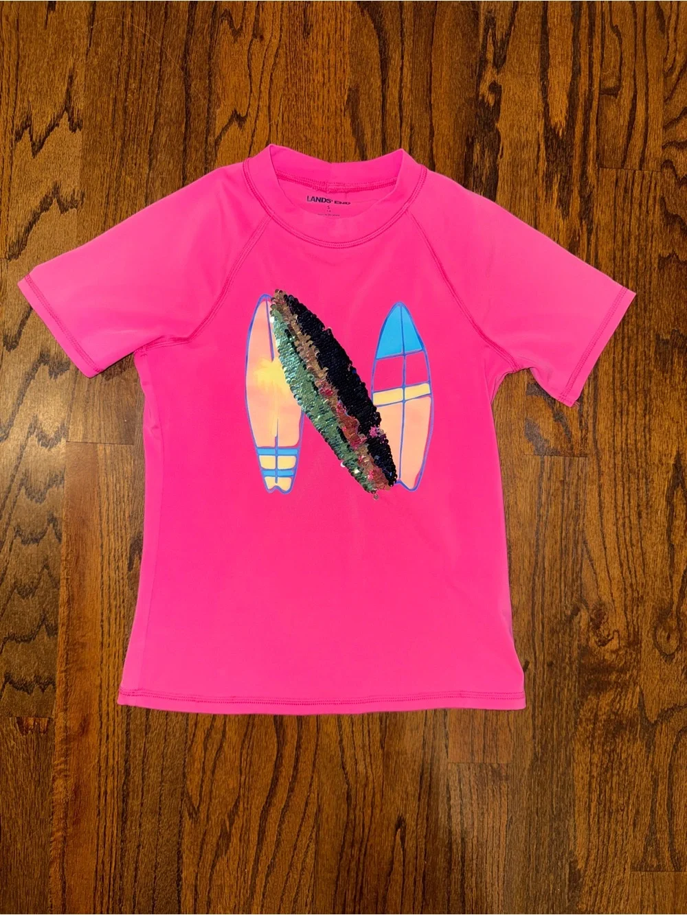 Lands' End Girls Pink Surfboard flip Sequin Rash Guard Swim Shirt size 7/8 small